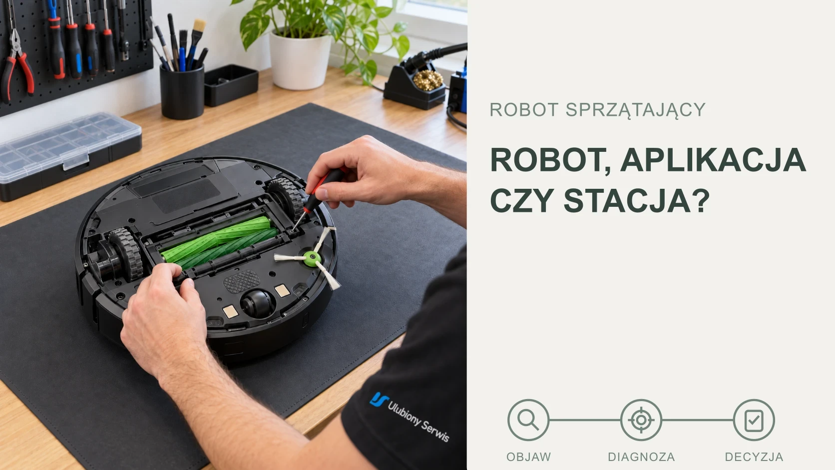 Diagnostyka robota sprzątającego na stanowisku serwisowym — grafika poglądowa