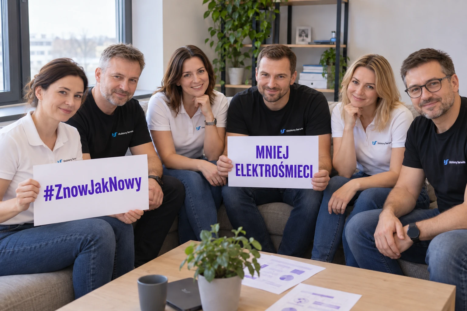 Ilustracja kampanii #ZnowJakNowy — osoby w koszulkach Ulubionego Serwisu